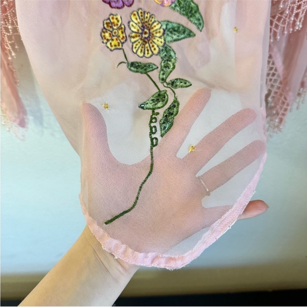Roamans Pink Sheer Floral Beaded Long Sleeve Top - Picture 10 of 16